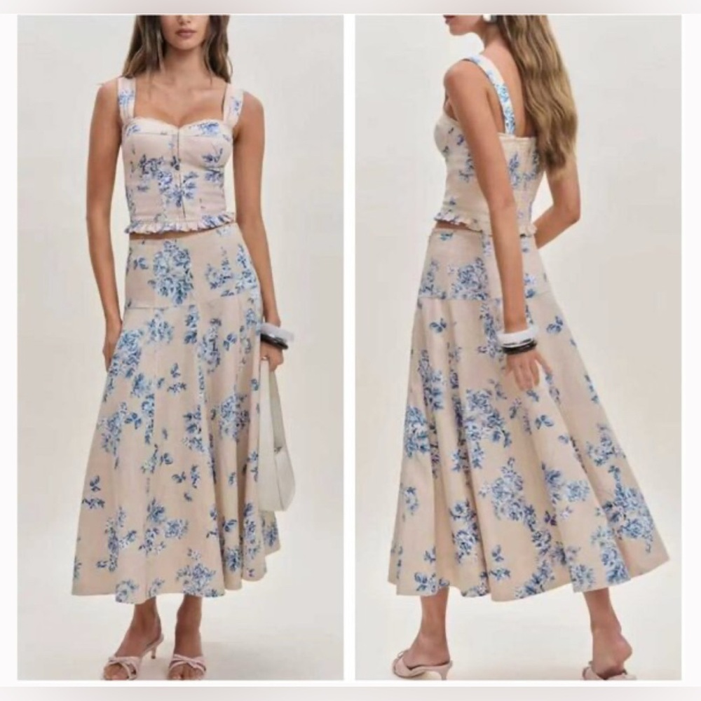 NEW Reformation Anatolia Linen Corset Two Piece Hugo Beige Blue Floral US 2 UK 6 - Picture 5 of 16